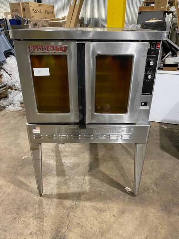 Blodgett stainless steel gas convection oven, single stacked, with wired rack, on legs, clear front, good condition.