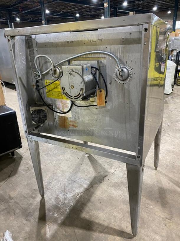 Blodgett stainless steel gas convection oven, single stacked, on legs, wired rack included, visible wiring and labels.