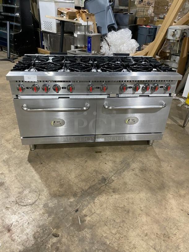 CPG Commercial Stainless Steel Gas 10-Burner Range/Double Oven Combo with wired oven rack. Features red knobs. Clean, excellent condition.