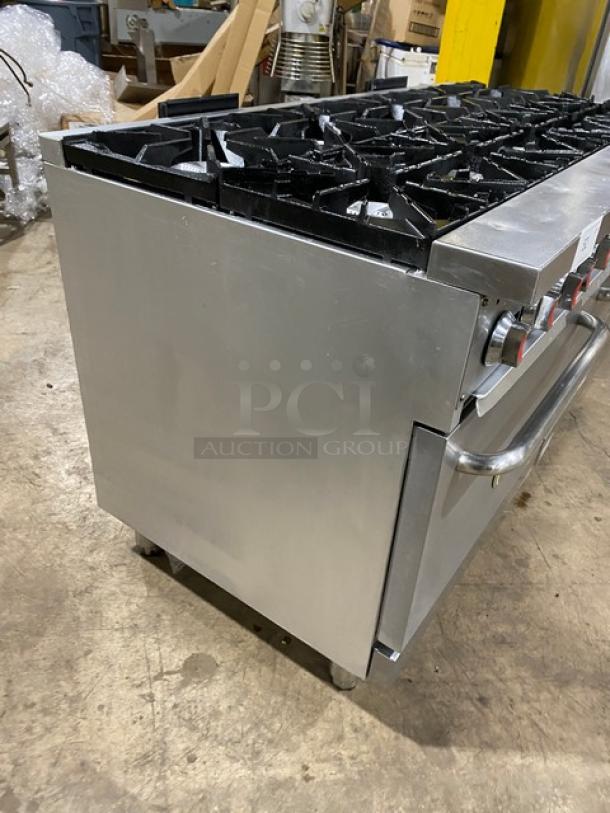 CPG Commercial stainless steel 10-burner gas range and double oven combo, features wired oven rack, in good condition.