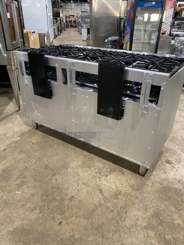 CPG Commercial stainless steel gas-powered 10-burner range with double oven combo and wired oven rack, in good condition.