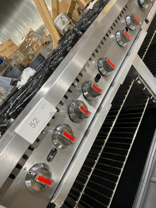 CPG commercial stainless steel 10-burner range with double oven, wired oven rack. Gas powered, features control knobs.