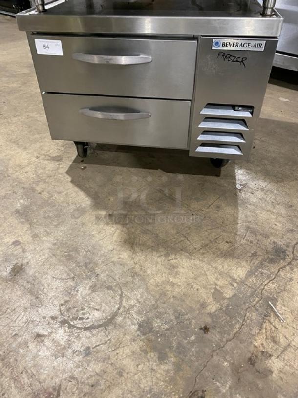Beverage-Air stainless steel 2-drawer refrigerated chef base, model WTFCS36D-1. Features a sturdy worktop, casters, and labeled "Freezer."
