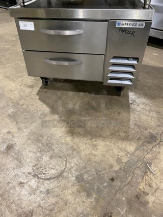 Beverage-Air stainless steel 2-drawer refrigerated chef base, model WTFCS36D-1. Features a sturdy worktop, casters, and labeled "Freezer."