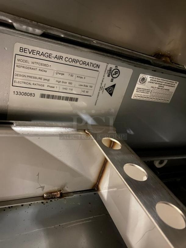 Beverage-Air stainless steel refrigerated chef base, model WTFCS36D-1, serial 13308083, shown with interior label.