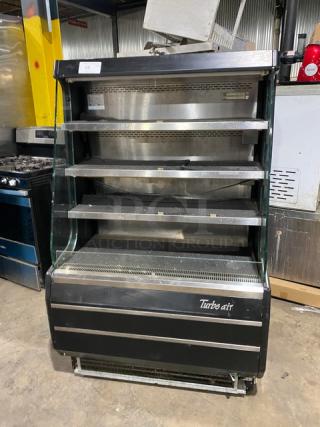 Turbo Air TOM-40M(B) refrigerated display case, black with stainless steel interior, multi-tier, used condition, 120V.