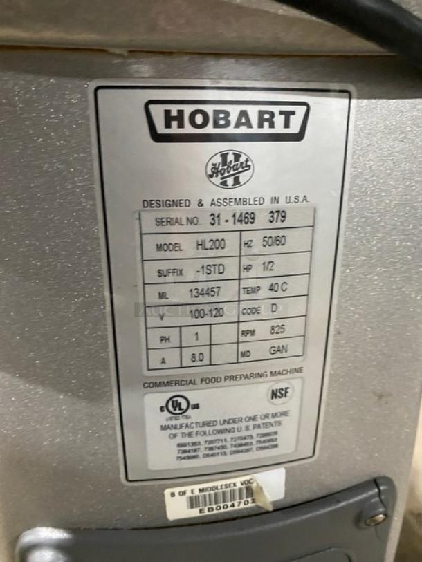 Hobart Legacy Series HL200-1STD mixer, serial 31-1469379, 20 Qt., electric, stainless steel bowl guard, NSF-certified.