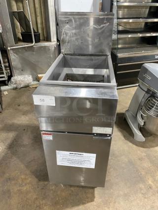 Pantin commercial stainless steel gas deep fat fryer with backsplash, on legs, visible label with instructions, excellent condition.