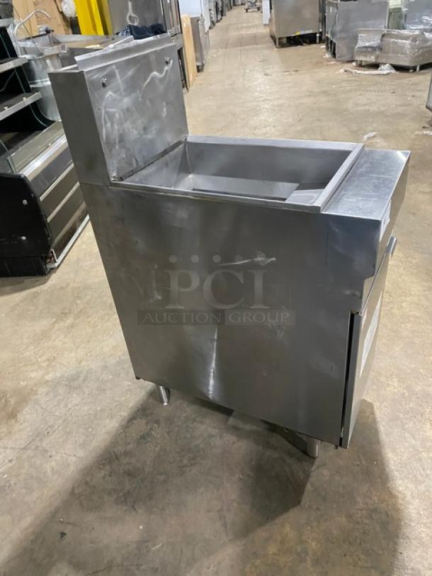 Pantin commercial stainless steel gas-powered deep fat fryer with back splash, on legs, shown in good condition.