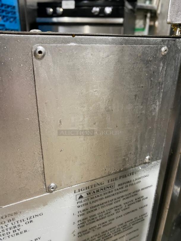 Pantin stainless steel gas deep fat fryer with back splash and legs. Visible instructions panel. Pre-owned condition.