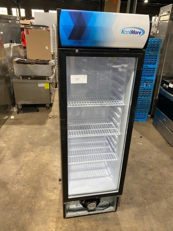 KoolMore commercial refrigerator, model MDR9CP, with single glass door and poly-coated wired rack.