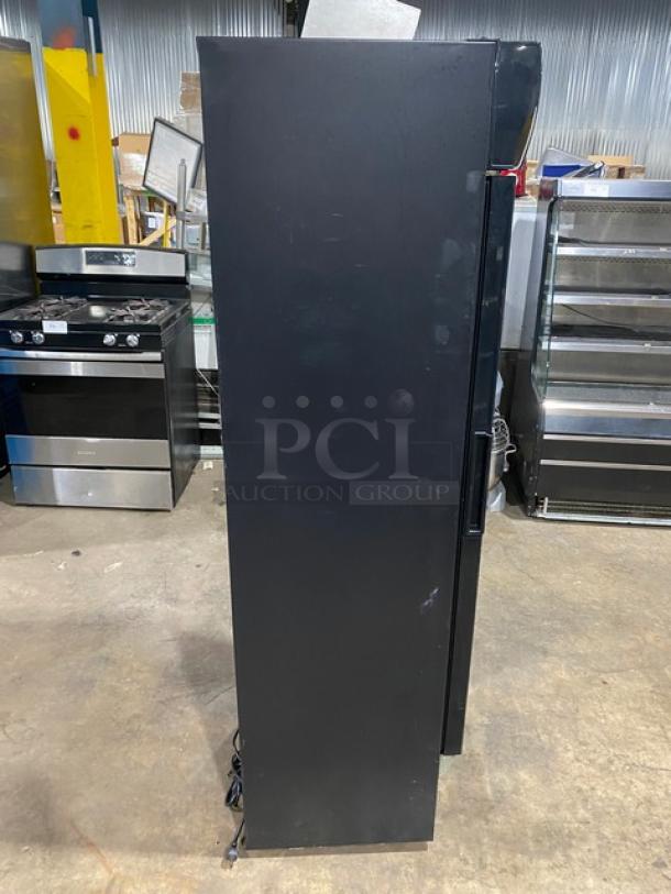 KoolMore Commercial Black Single Glass Swing Door Reach-In Merchandiser Refrigerator, Model MDR-9CP. Features poly-coated wire rack, 115V.