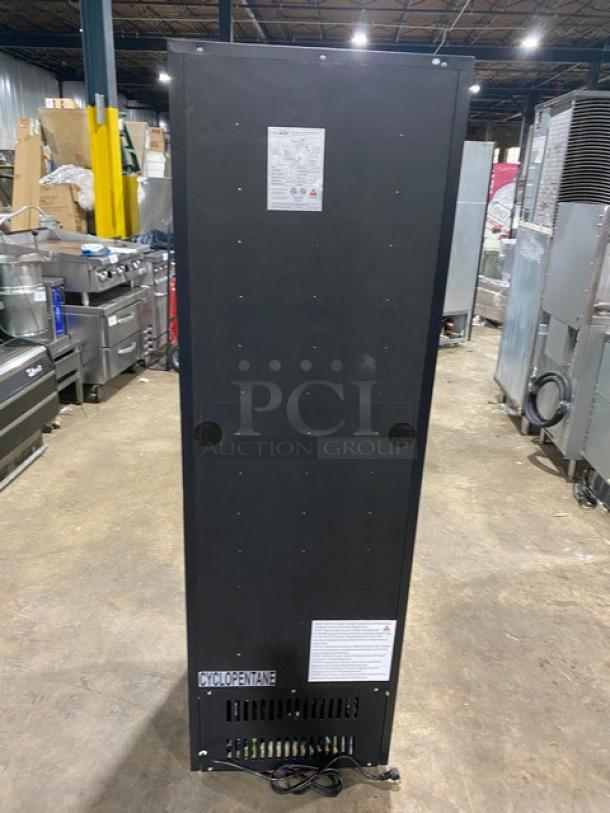 KoolMore Commercial Black Single Glass Door Refrigerator, model MDR-9CP, with poly-coated wired rack, 115V, back view.