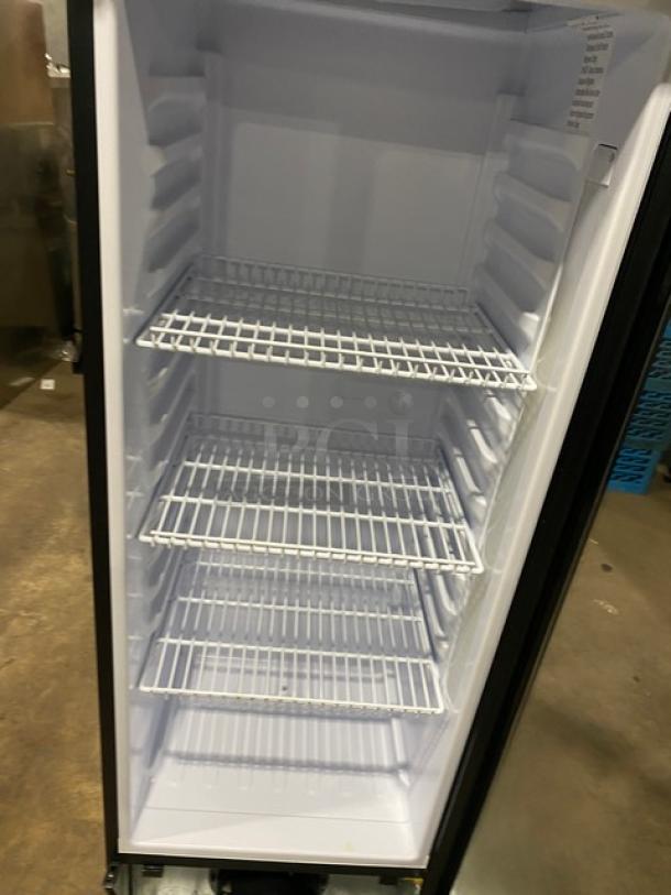 KoolMore Commercial Single Glass Door Refrigerator MDR-9CP, featuring poly-coated wired racks, excellent condition.