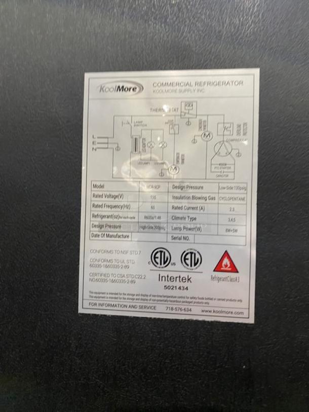 KoolMore Commercial Refrigerator, model MDR-9CP with glass door. Features poly-coated wire racks. 115V system.