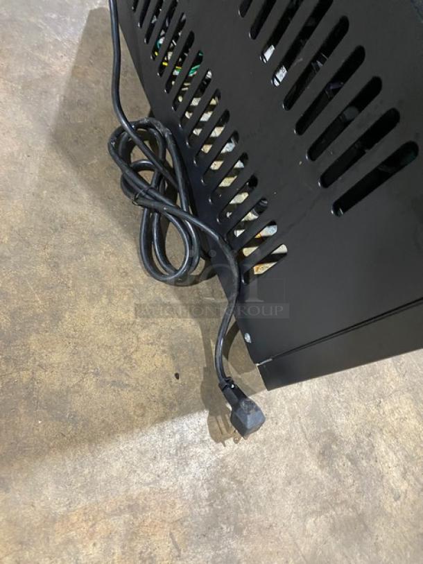 KoolMore Commercial Glass Door Refrigerator, Model MDR-9CP, shows power cord and black metal vented back panel.