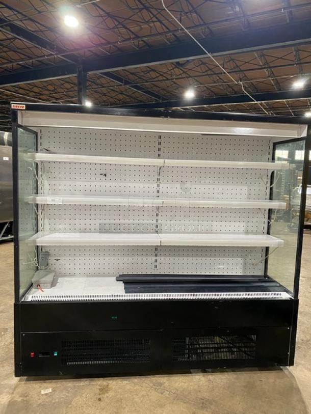 Sanye Commercial Black Multi-Tier Refrigerated Open Grab-N-Go Merchandiser Display Case, multiple shelves, spacious design.
