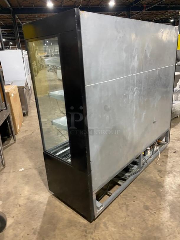 Sanye Commercial multi-tier refrigerated display case, black, open grab-n-go design. Used condition, visible scuffs on metal.