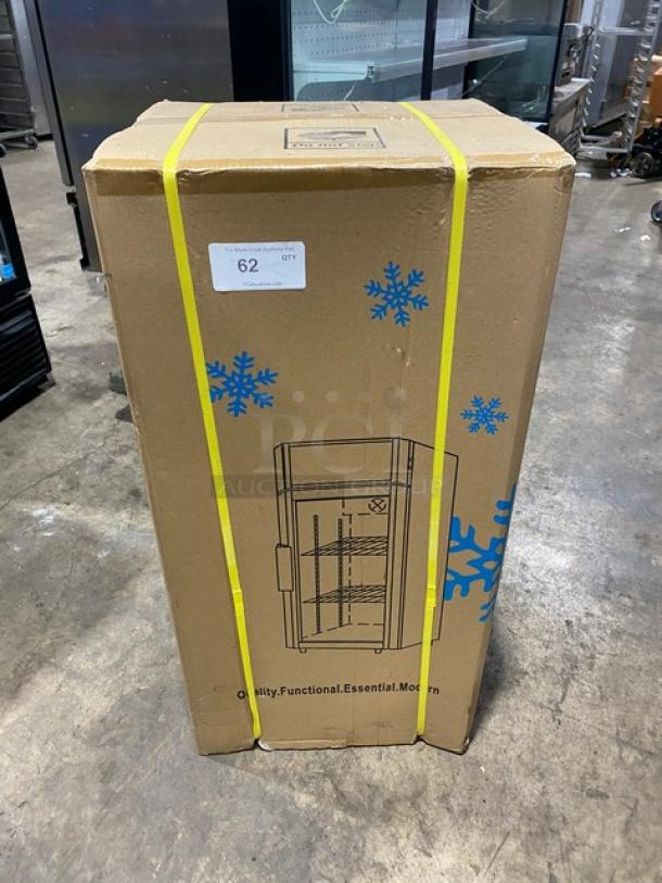 Brand new ProCool T80L commercial display fridge in box. Features single glass door, countertop design, black finish.