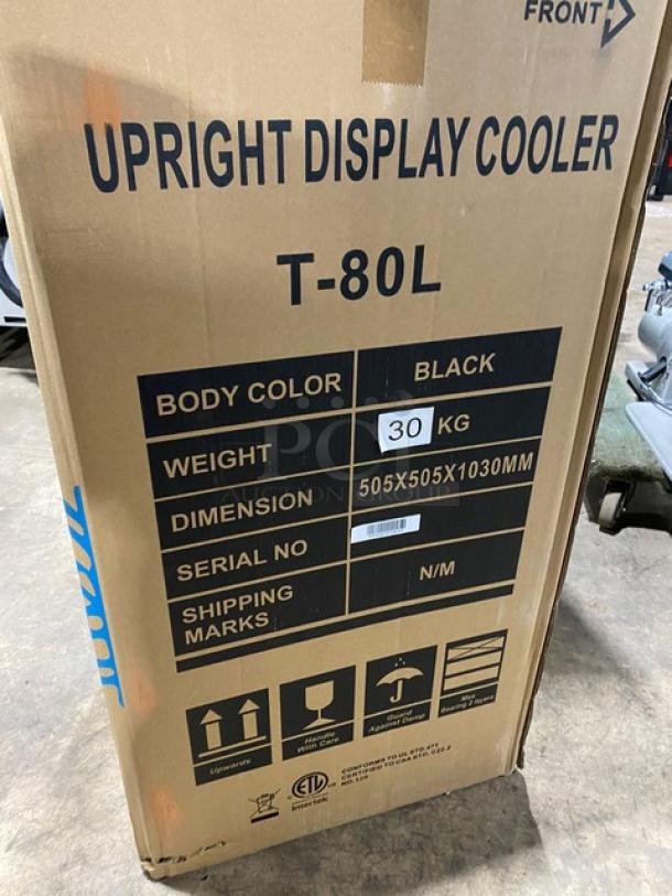 ProCool T80L black countertop merchandiser fridge, new, in box. Features single glass door, 505x505x1030mm, 30kg.