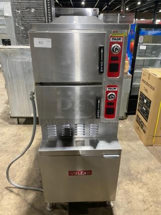 Vulcan VSX24G stainless steel dual compartment convection steamer with individual controls, pan rack, on legs, natural gas.