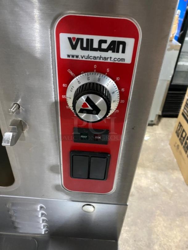 Vulcan VSX24G commercial convection steamer control panel, stainless steel, natural gas, dual compartments, model details.