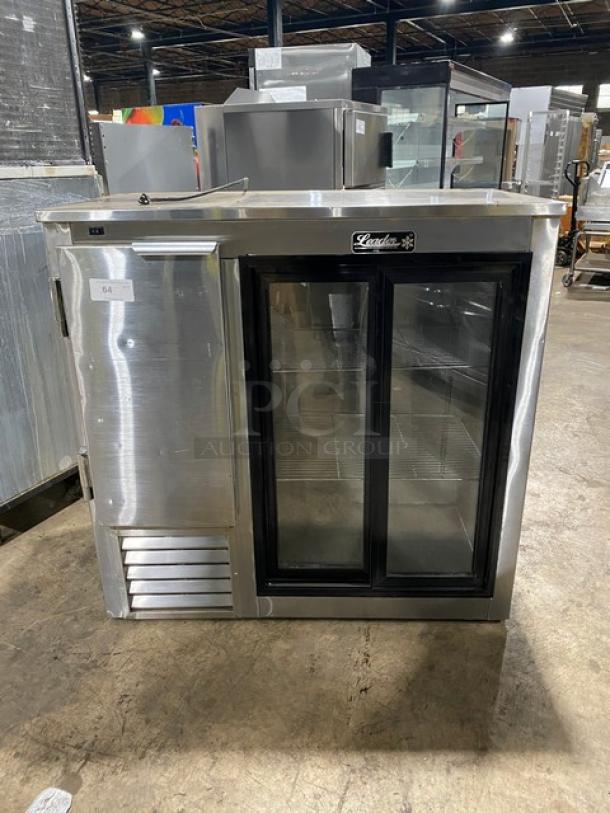 Leader LB48SC stainless steel 48" worktop/lowboy refrigerator with double glass sliding doors and chrome wire rack. 2018 model, 115V, 1 phase.