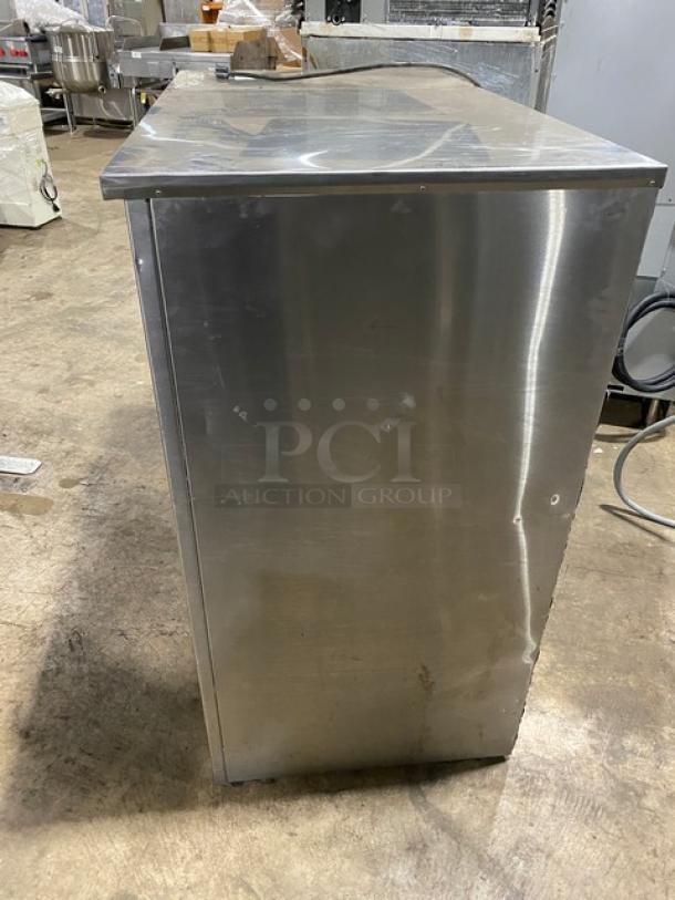 Leader LB48SC stainless steel worktop refrigerator, side view. Model LB48SC, SN: AB05C2226, 48" size, commercial grade.