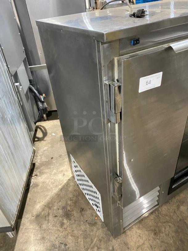 Leader LB48SC stainless steel 48" worktop refrigerator with double glass sliding doors and chrome rack, mint condition.