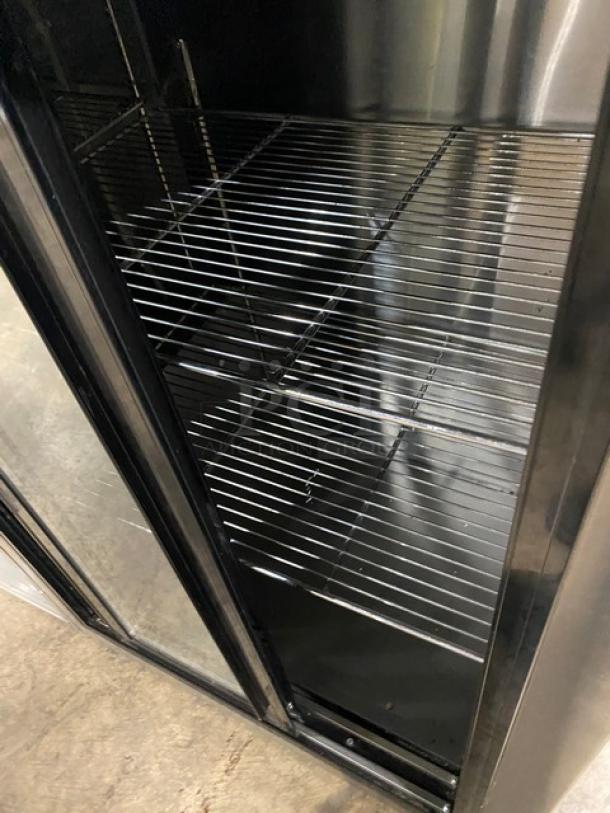 Leader LB48SC stainless steel worktop refrigerator, 48", double glass sliding doors, chrome racks, excellent condition.