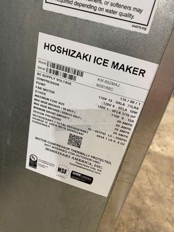 Hoshizaki Slim Line Series commercial ice machine, model KM-660MAJ, stainless steel, 115V, 1 phase, crescent cube style.