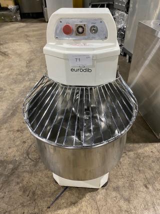 Eurodib LM50 spiral dough mixer, single speed, stainless steel bowl, electric, 220V, model SN: 4005275, good condition.