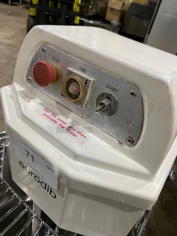 Eurodib LM50 commercial spiral dough mixer, single speed, white, with stainless steel bowl. Features stop, timer, and start controls.