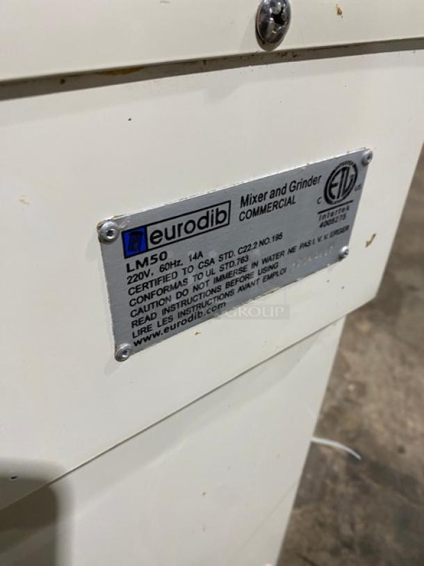 Eurodib LM50 commercial spiral dough mixer with stainless steel bowl, single speed, 220V. Features model and serial number plate.