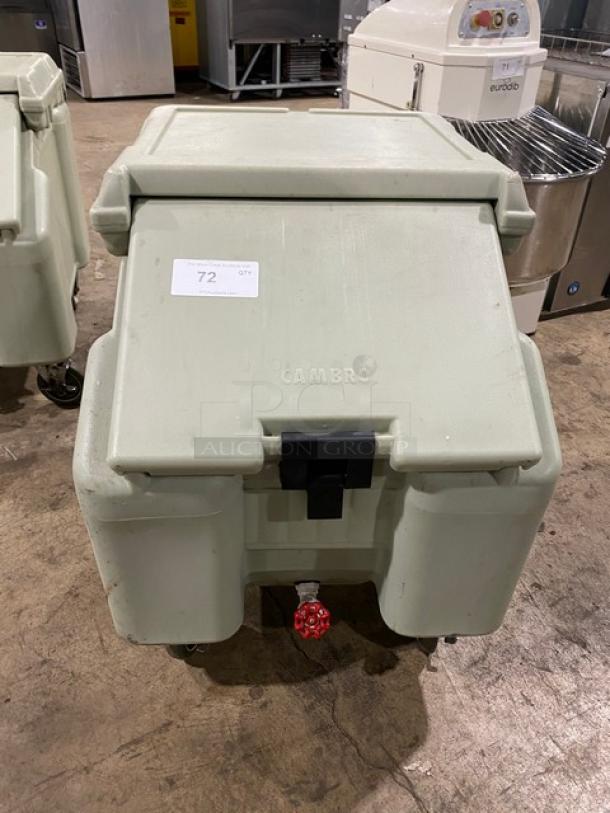 Cambro Commercial Insulated Ice Bin with lid, wheels, red tap. Durable gray plastic, used condition. Label with "72 QTY."