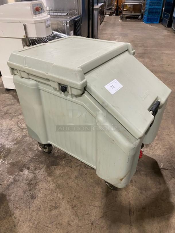 Cambro Commercial Insulated Ice Bin, durable plastic, on wheels, fair condition, label marked "72," ideal for catering use.