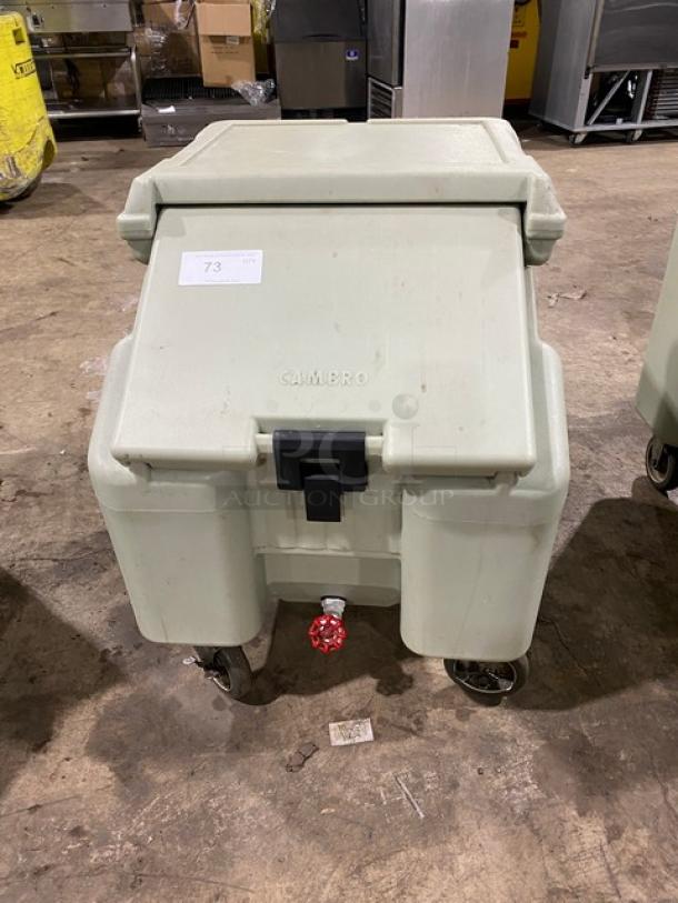 Cambro Commercial Insulated Ice Bin on wheels, used condition, with locking latch and red drainage spout.