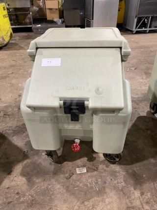 Cambro Commercial Insulated Ice Bin on wheels, used condition, with locking latch and red drainage spout.