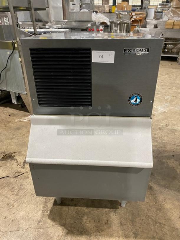 Hoshizaki KM-250BWE stainless steel ice machine/bin combo, air-cooled, on legs, 115-120V, serial J02136D, used condition.