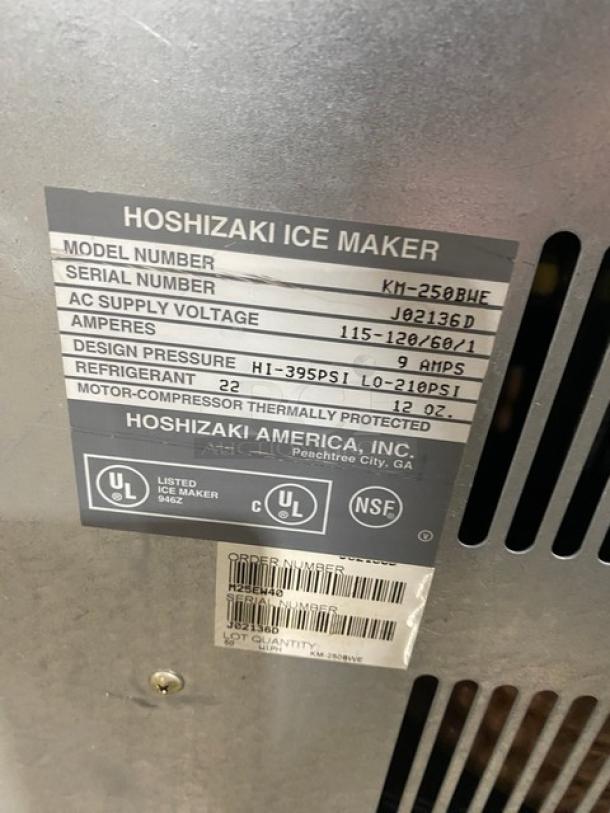 Hoshizaki KM-250BWE stainless steel ice maker/bins, air-cooled, 115-120V, 1 phase, serial J02136D, UL/NSF listed.