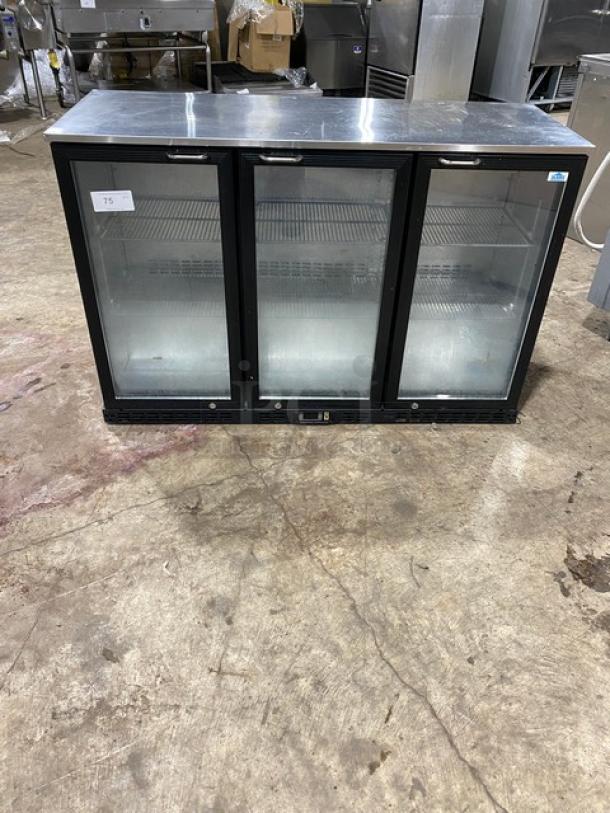 Alamo BBT350 3-door undercounter cooler. Black glass doors, poly coated racks, stainless steel worktop. 115V.