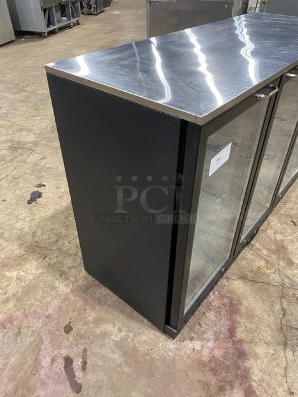 Alamo Model BBT350 black glass 3-door undercounter barback cooler. Features poly-coated wire rack and stainless steel worktop. 115V.