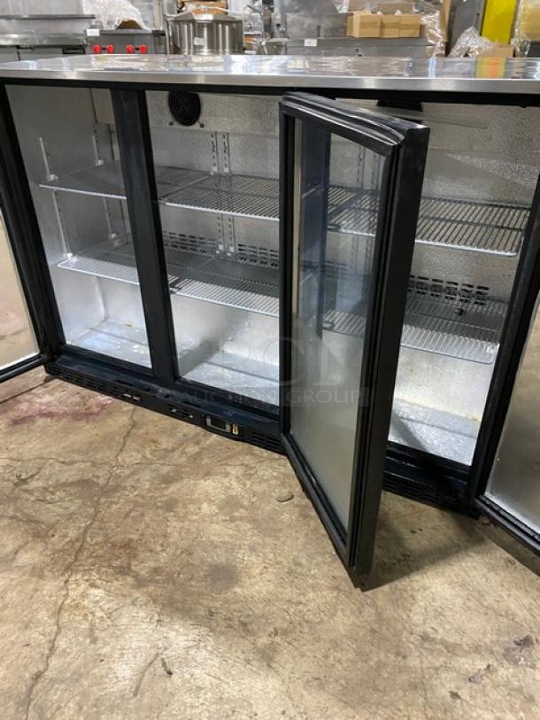 Alamo Commercial Black Glass 3-Door Barback Cooler, Model BBT350, with poly-coated rack and stainless steel top. 115V.