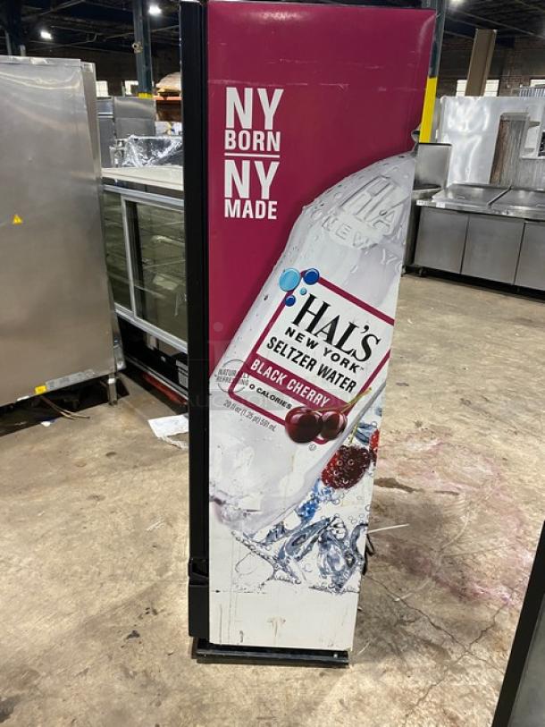 Imbrera VR08R6 single glass swing door merchandiser fridge, black, Energy Star certified, with Hals Seltzer Water ad.