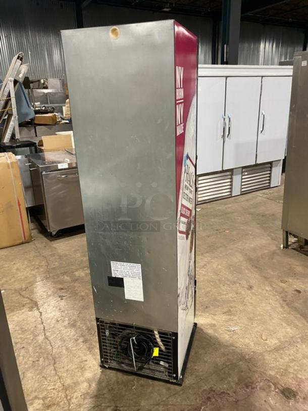 Alt text: Imbrera VR08R6 commercial black single glass swing door merchandiser refrigerator, Energy Star certified, rear view.