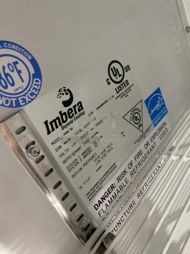 Imbrera VR08R6 single glass door refrigerator, Energy Star certified, model and safety labels visible, commercial use.