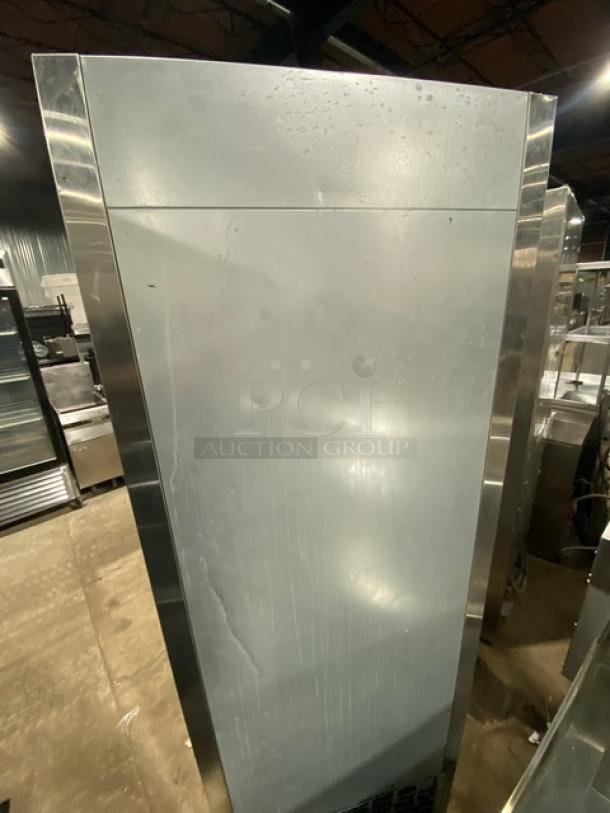 Everest EBR1 stainless steel reach-in refrigerator, single solid swing door, Energy Star certified, visible minor wear.