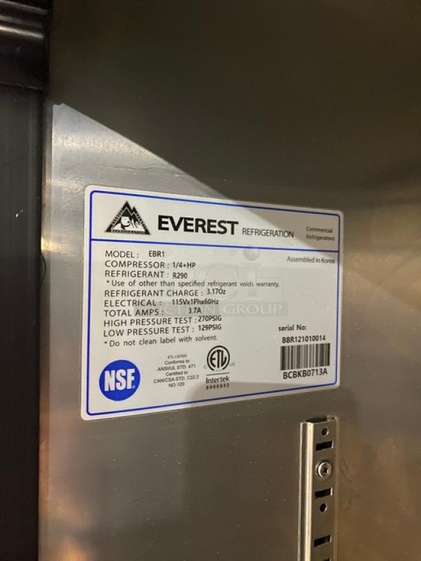 Everest EBR1 commercial fridge, stainless steel, single door, Energy Star certified, NSF labeled, serial BBR121010014.