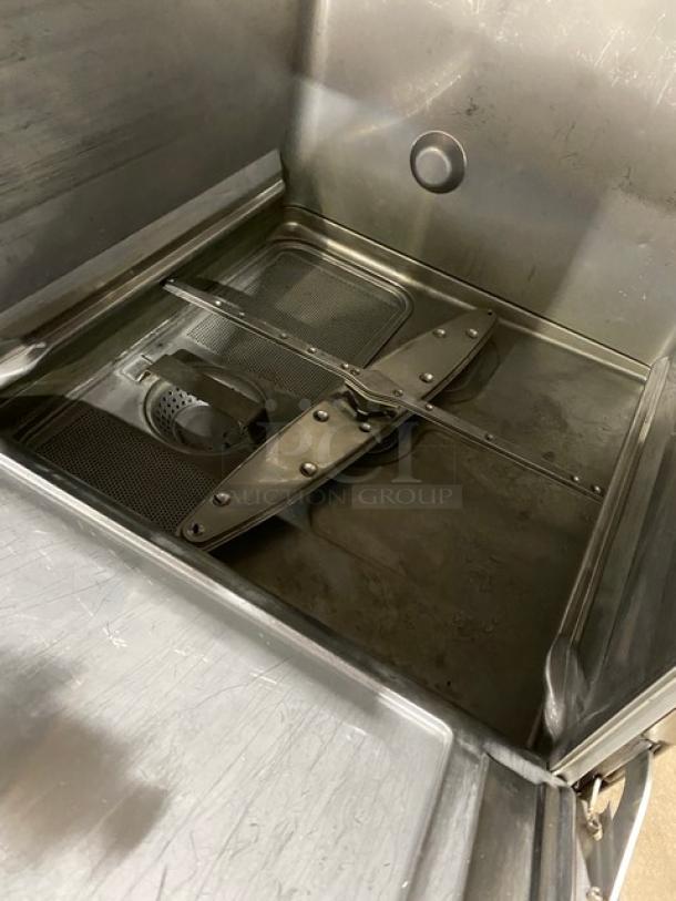 Hobart LXEH commercial undercounter dishwasher interior, stainless steel, high temp, new style, model and serial number visible.