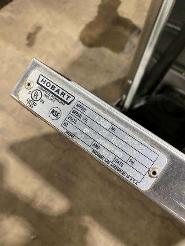 Hobart LXEH commercial dishwasher tag showing model, serial number 23-1147-931, voltage, and phase details.